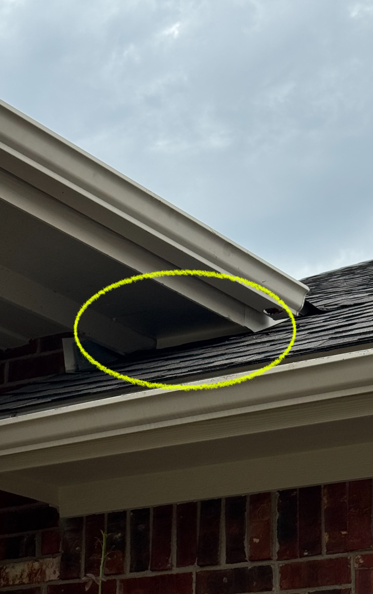 A close-up of a roof with a soffit area circled in yellow, showing brick and a cloudy sky.