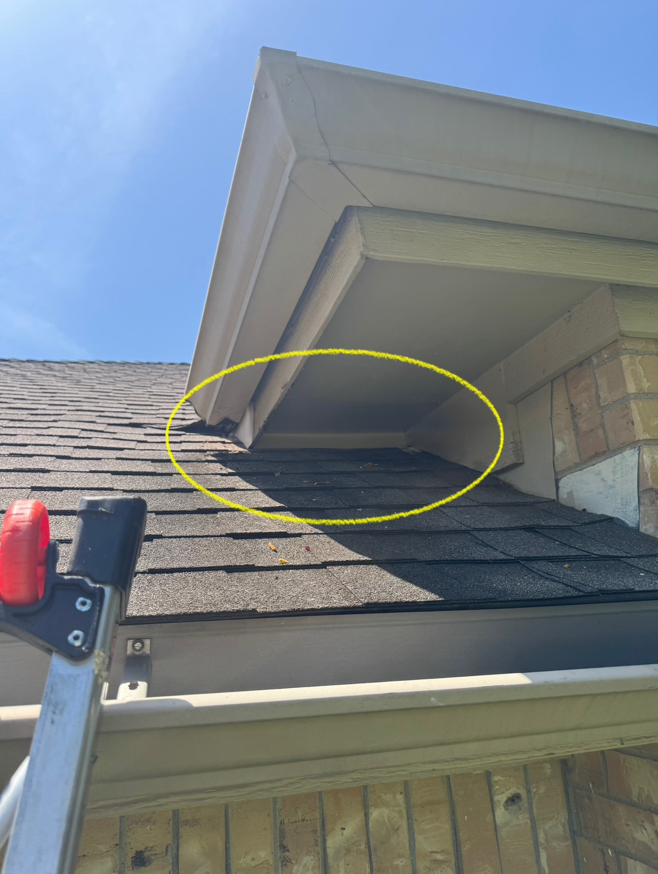 Close-up of a home's roof and soffit.  A ladder is in the foreground.  The soffit is above the shingles.