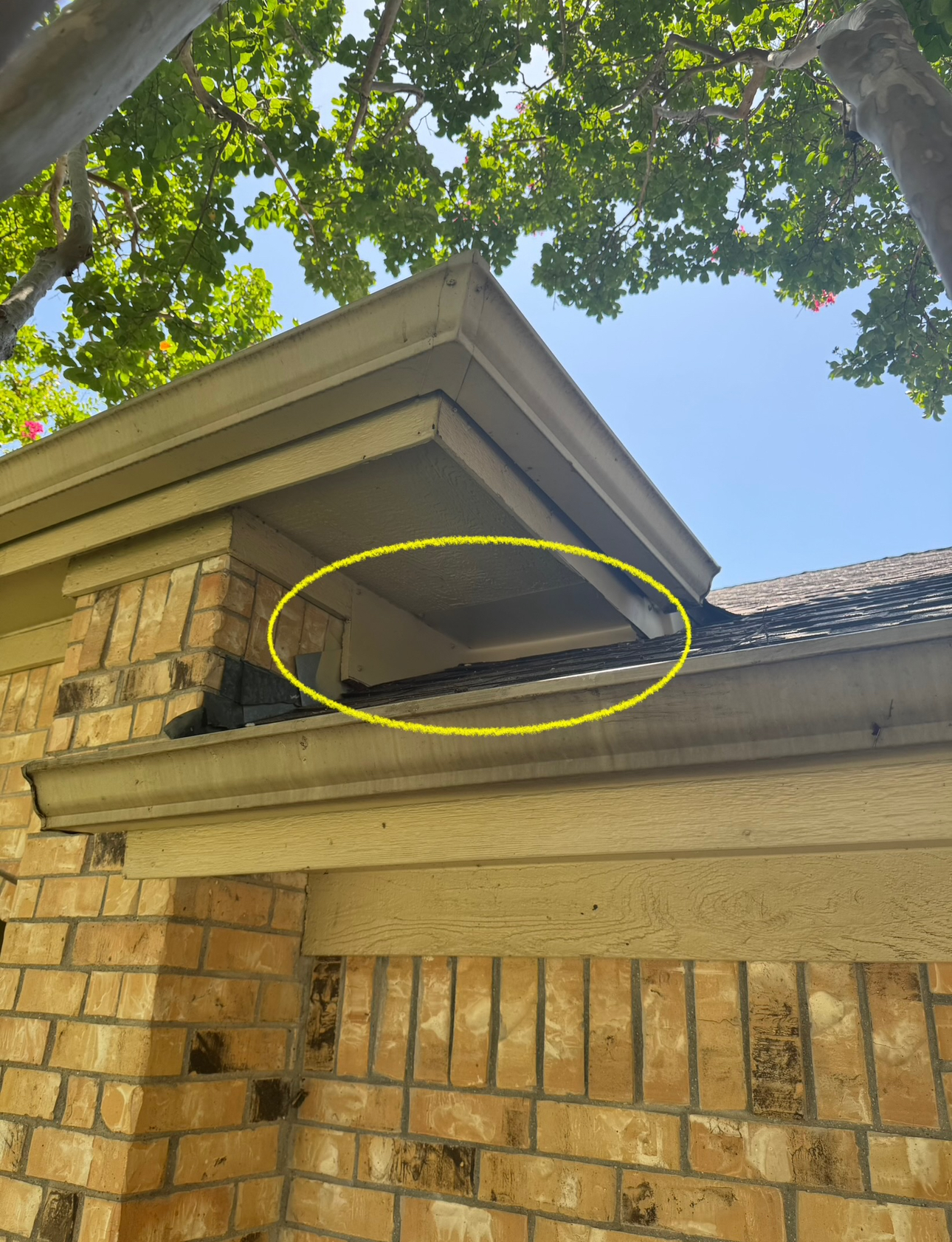 Brick building exterior with a yellow-circled soffit, possibly damaged, under a roof and tree branches against a blue sky.