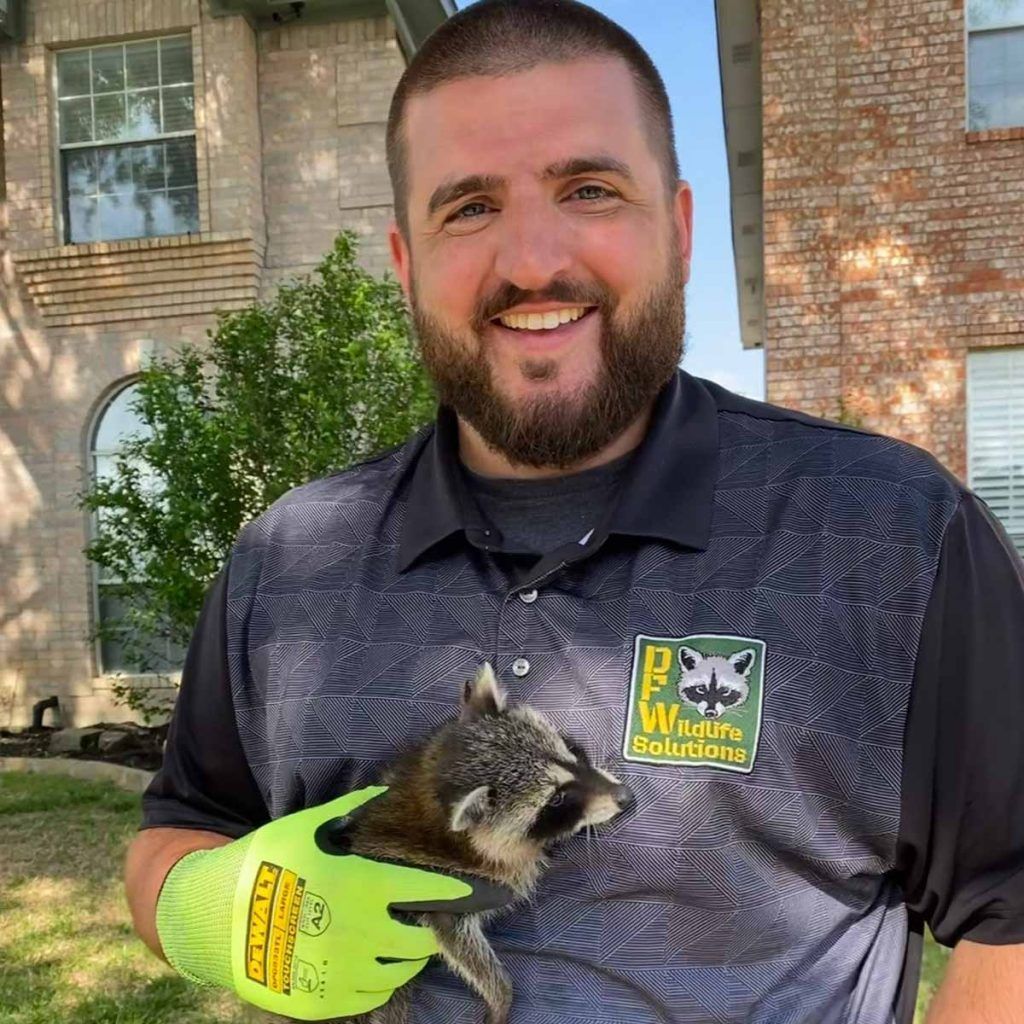 A man with a beard is holding a raccoon in his hands.