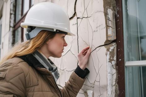 Woman in a hard hat examining cracks in a building wall near a window. She is touching the cracks with her finger.