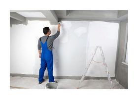 New West Painting employee painting basement walls and ceiling with grey paint