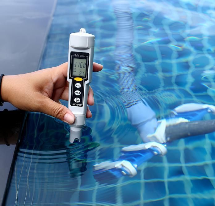 A Person is Holding a Digital Thermometer in Front of a Swimming Pool — Sun City Pools In Hyde Park, QLD