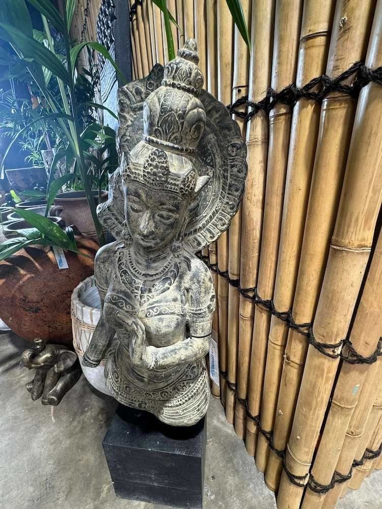 A Statue of a Woman is Sitting in Front of a Bamboo Fence — Sun City Pools In Hyde Park, QLD
