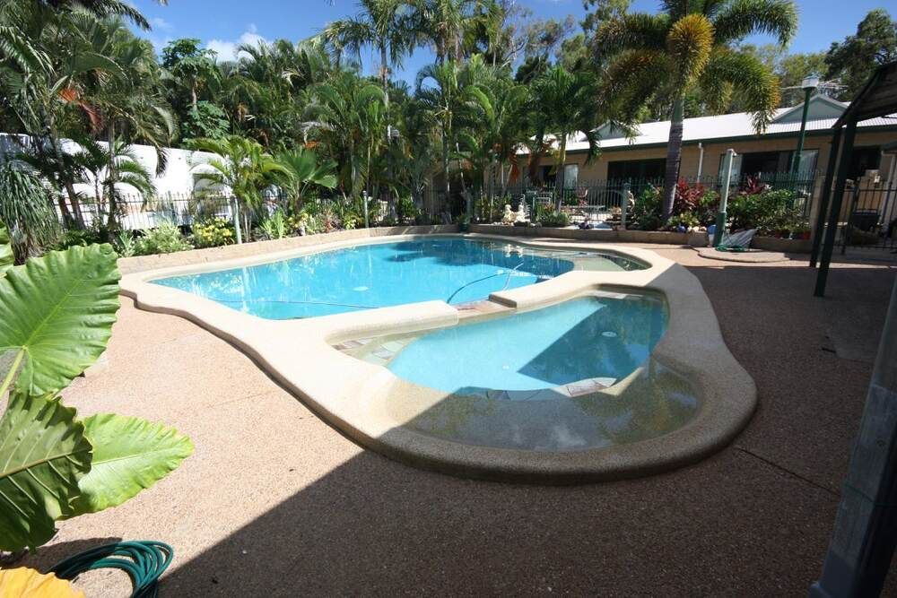 A Large Swimming Pool Surrounded by Palm Trees — Sun City Pools In Hyde Park, QLD