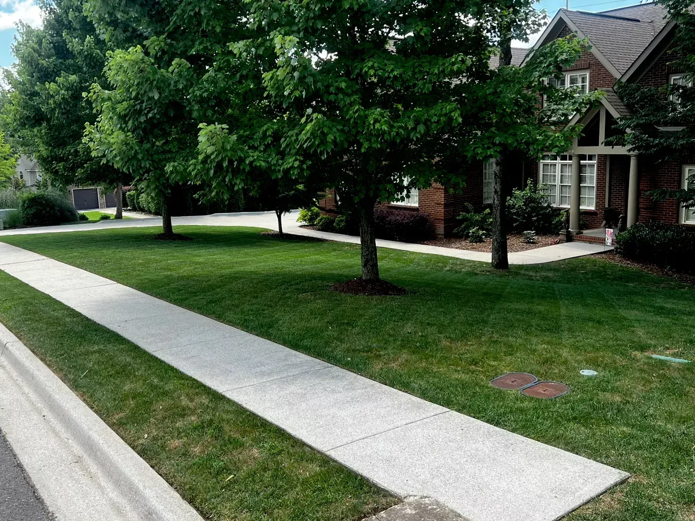 Sidewalk next to green grass and trees, leading to a brick house with a brown door.