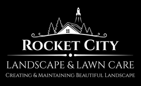 White logo on black background: "Rocket City Landscape & Lawn Care" with a house, trees, and rocket.