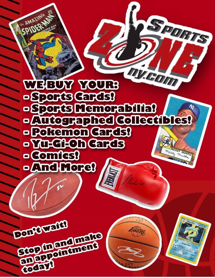Advertisement for Sports Zone NY buying sports cards, memorabilia, and collectibles. Red background.