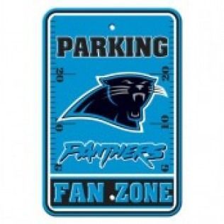 Carolina Panthers fan zone parking sign. Blue background, black panther logo, text.