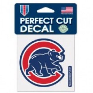 Chicago Cubs logo decal with blue bear inside a red and blue circle, on white backing.