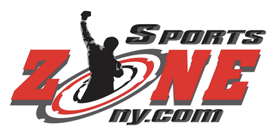 Logo for Sports Zone NY featuring a silhouetted figure with raised fist in the middle of a red and grey graphic.