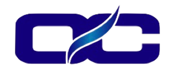 Blue logo with interlocking letters "OC" and a stylized blue curved line.
