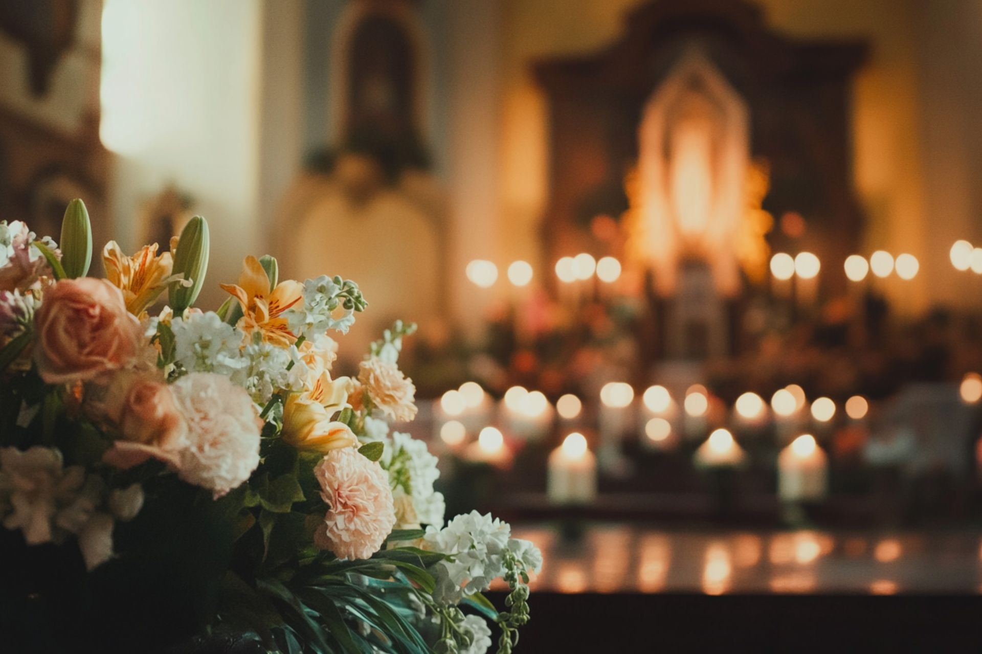 Bouquet of pale flowers in a softly lit church with candles and an altar in the background