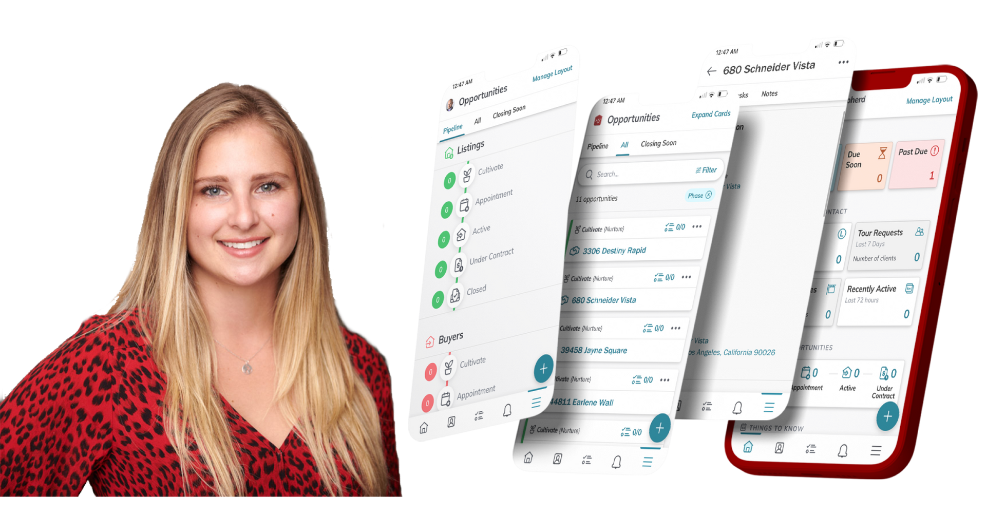 A woman in a red shirt is standing next to a cell phone.