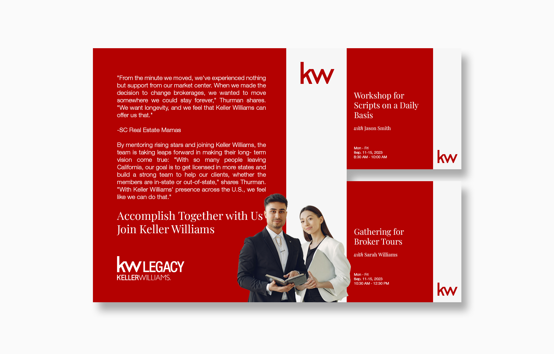 A man and a woman are standing next to each other on a red background.