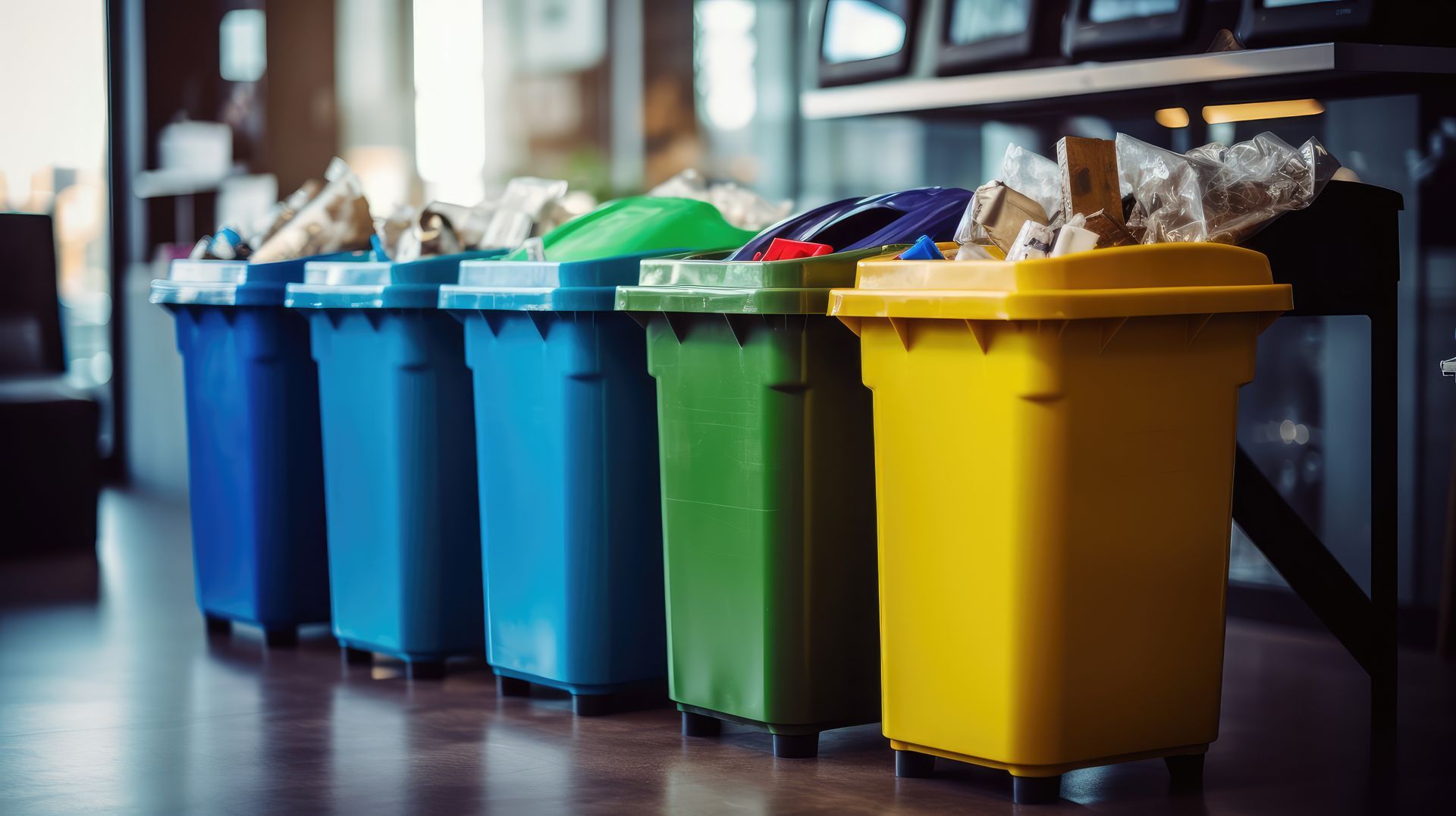 a row of colorful trash cans are lined up on a wooden floor .