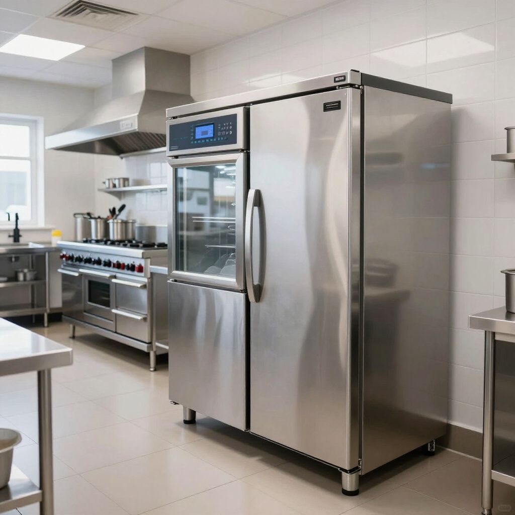 Commercial kitchen with stainless steel refrigerator, oven, and work surfaces.