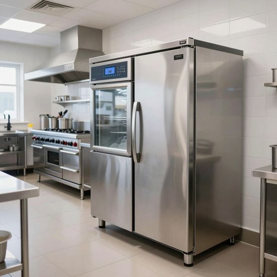 Commercial kitchen with stainless steel refrigerator, oven, range, and various work surfaces.
