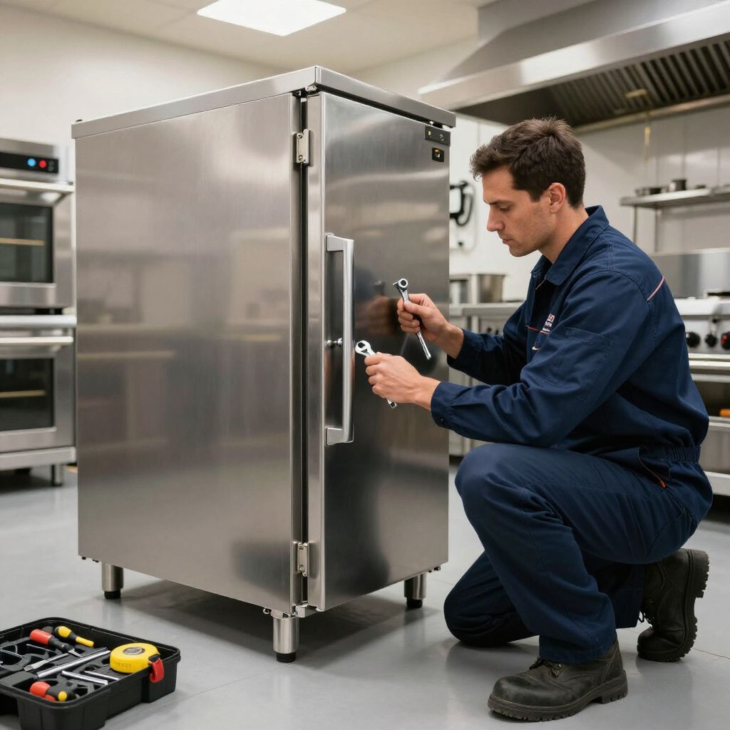 Man in blue jumpsuit, using wrenches on a stainless steel appliance in a kitchen.