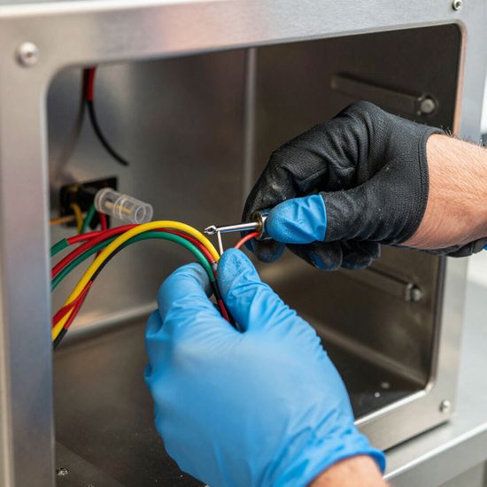 Person wiring a stainless steel electrical box with colorful wires, wearing gloves.