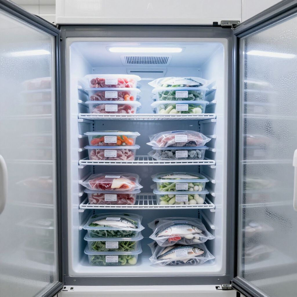 A commercial refrigerator with open doors displaying many containers of various foods, neatly organized on shelves.