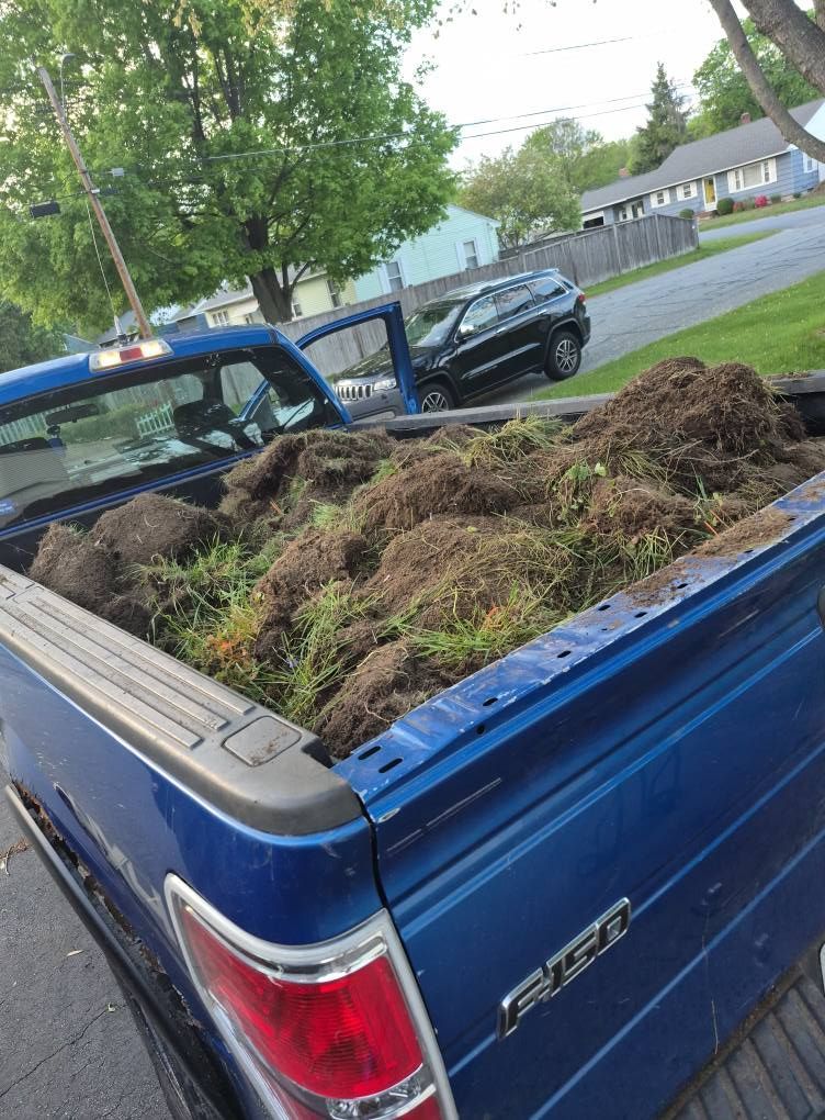 Blue pickup truck bed filled with excavated sod and dirt; parked on a street.