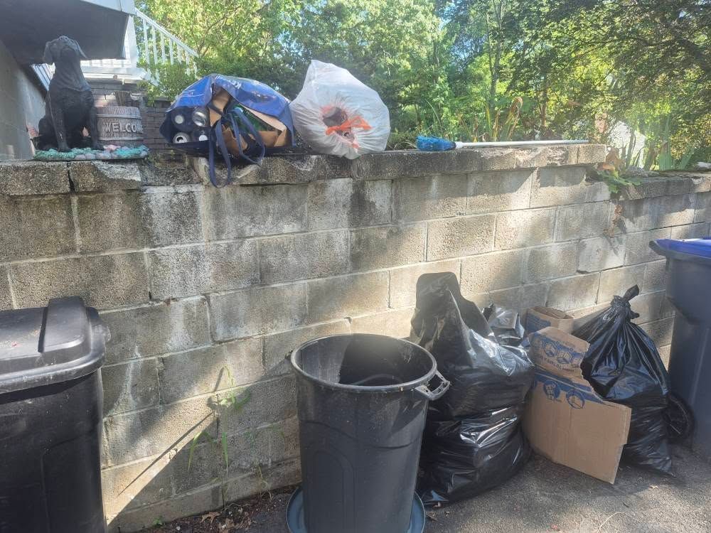 Trash bags and a bin overflowing against a concrete wall with a dog statue and foliage.