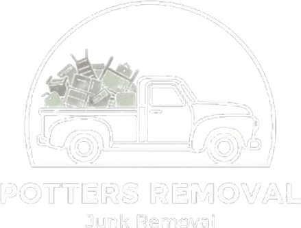 A truck overflowing with junk, inside an arch, with "Potters Removal" and "Junk Removal" below.