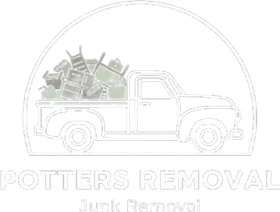 A truck overflowing with junk, inside an arch, with "Potters Removal" and "Junk Removal" below.