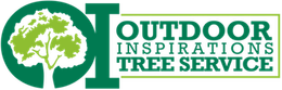 Logo for Outdoor Inspirations Tree Service featuring a green stylized tree and text inside a white and green frame.