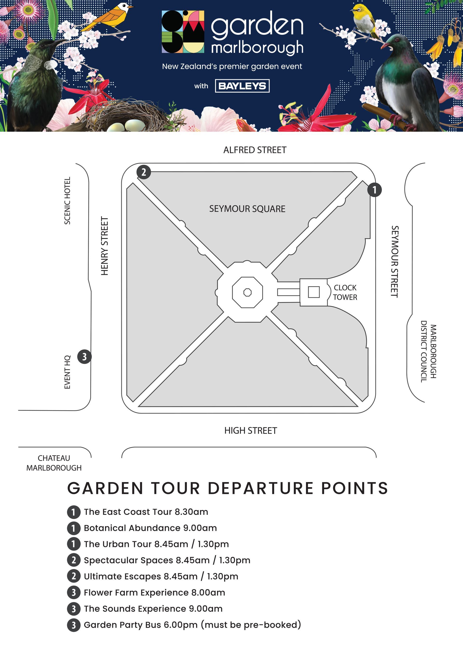 Garden Tours bus stop departure points map
