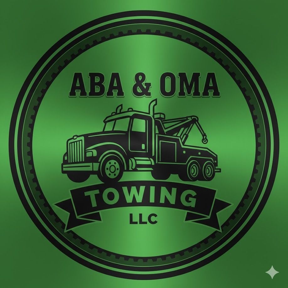 Green circular logo for ABA & OMA Towing LLC, featuring a tow truck and company name.