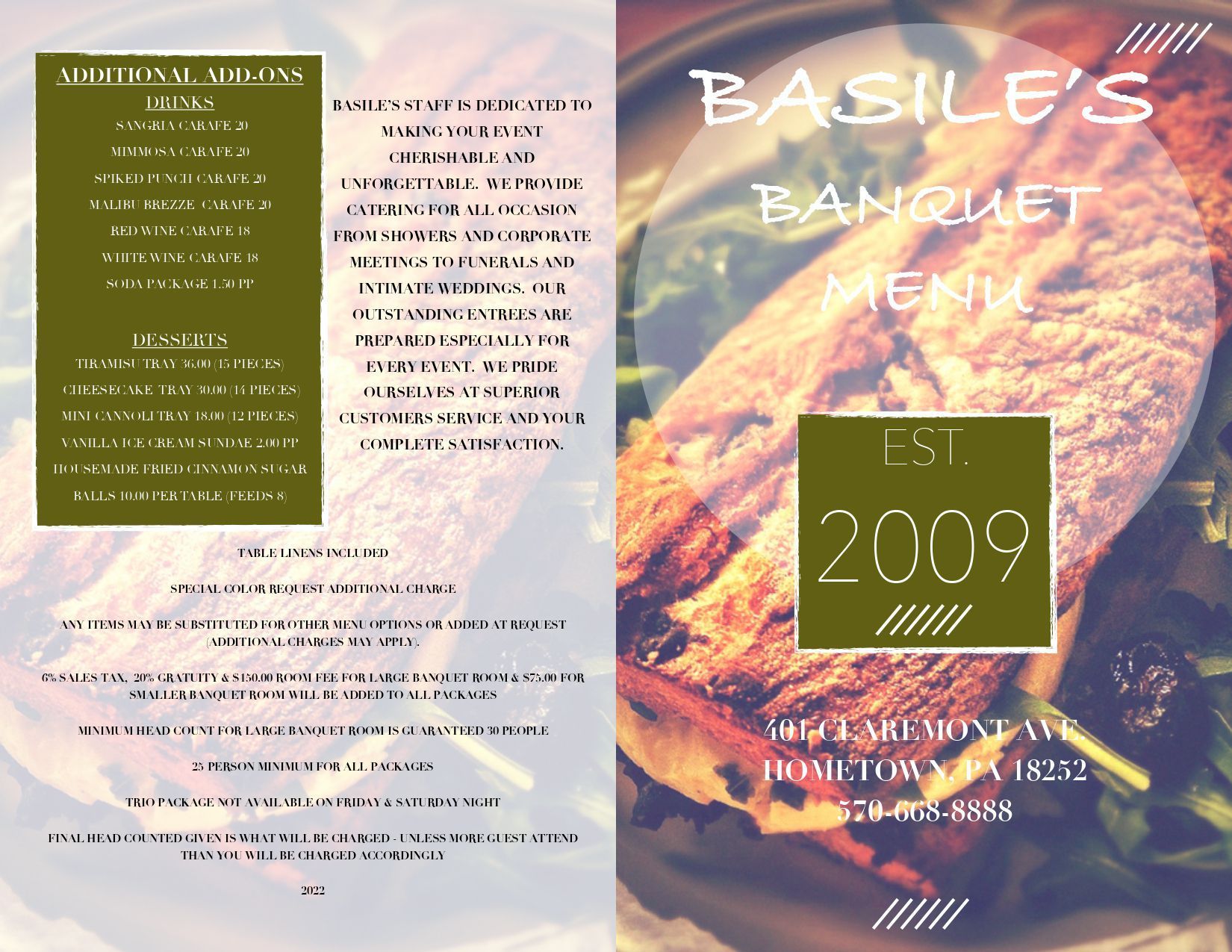 Special Event Menu Basile Italian Delight Restaurant