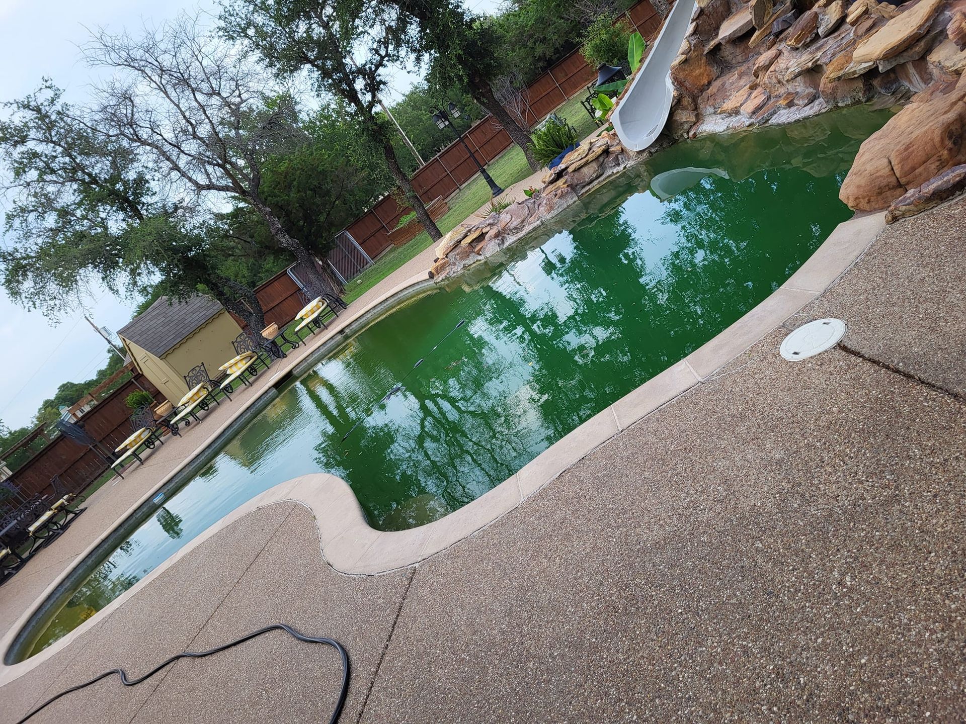 Green, algae-filled swimming pool with a stone slide and concrete deck; backyard setting.