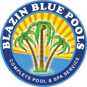 Blazin Blue Pools logo: Three palm trees with a sunburst background, blue ring with text.