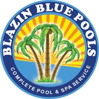 Blazin Blue Pools logo: Three palm trees with a sunburst background, blue ring with text.