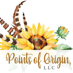 A logo for points of origin llc with a sunflower and feathers