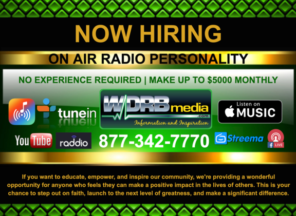 A poster that says now hiring on air radio personality