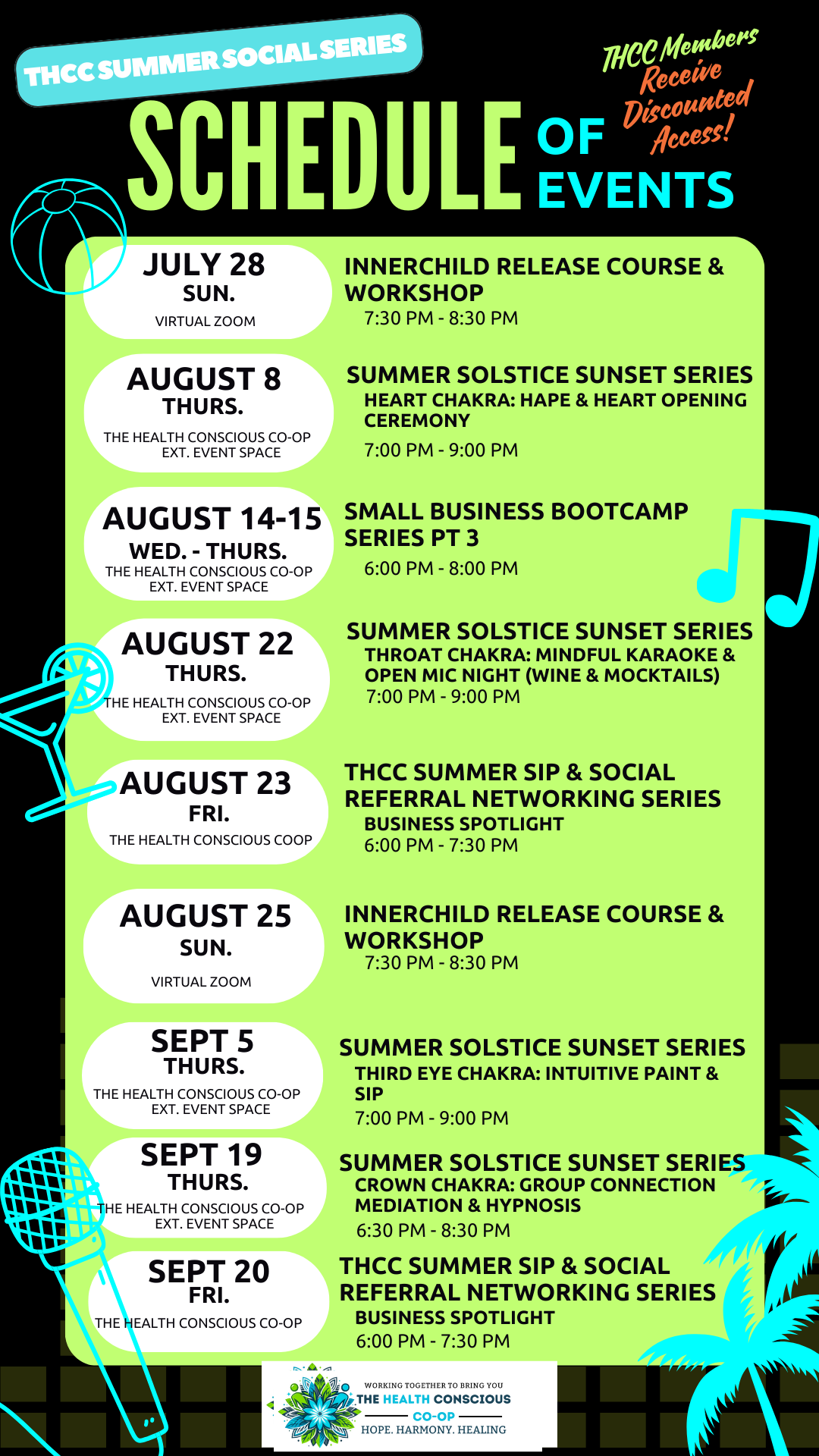 A schedule of events for a summer social event