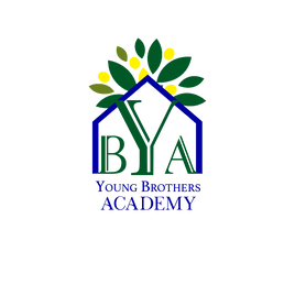 A logo for young brothers academy with a house and leaves