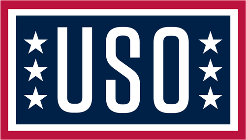 USO logo in white letters on a dark blue field with red and white border and stars