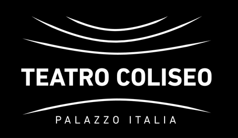 Logotipo del Teatro Coliseo con líneas curvas estilizadas y texto: Teatro Coliseo, Palazzo Italia, en blanco sobre fondo negro.