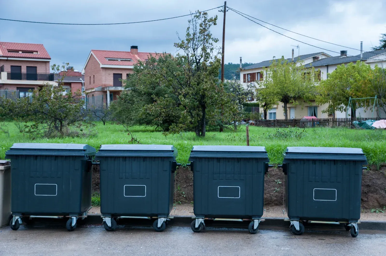 Four dark dumpsters lined up on a street, with houses and trees in the background under a cloudy sky.