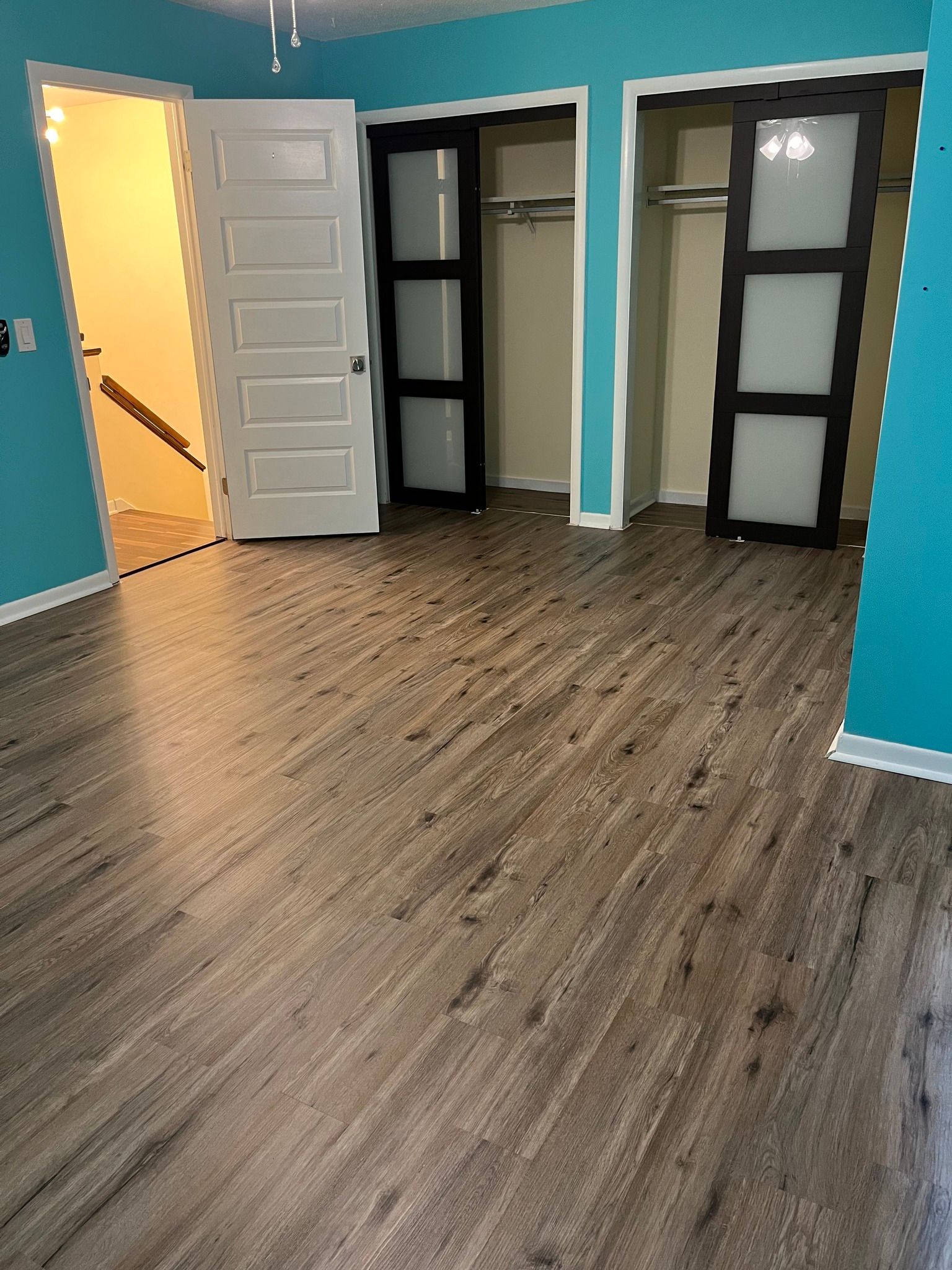 Bedroom with light wood-look floor, turquoise walls, white door, closet with frosted glass doors.