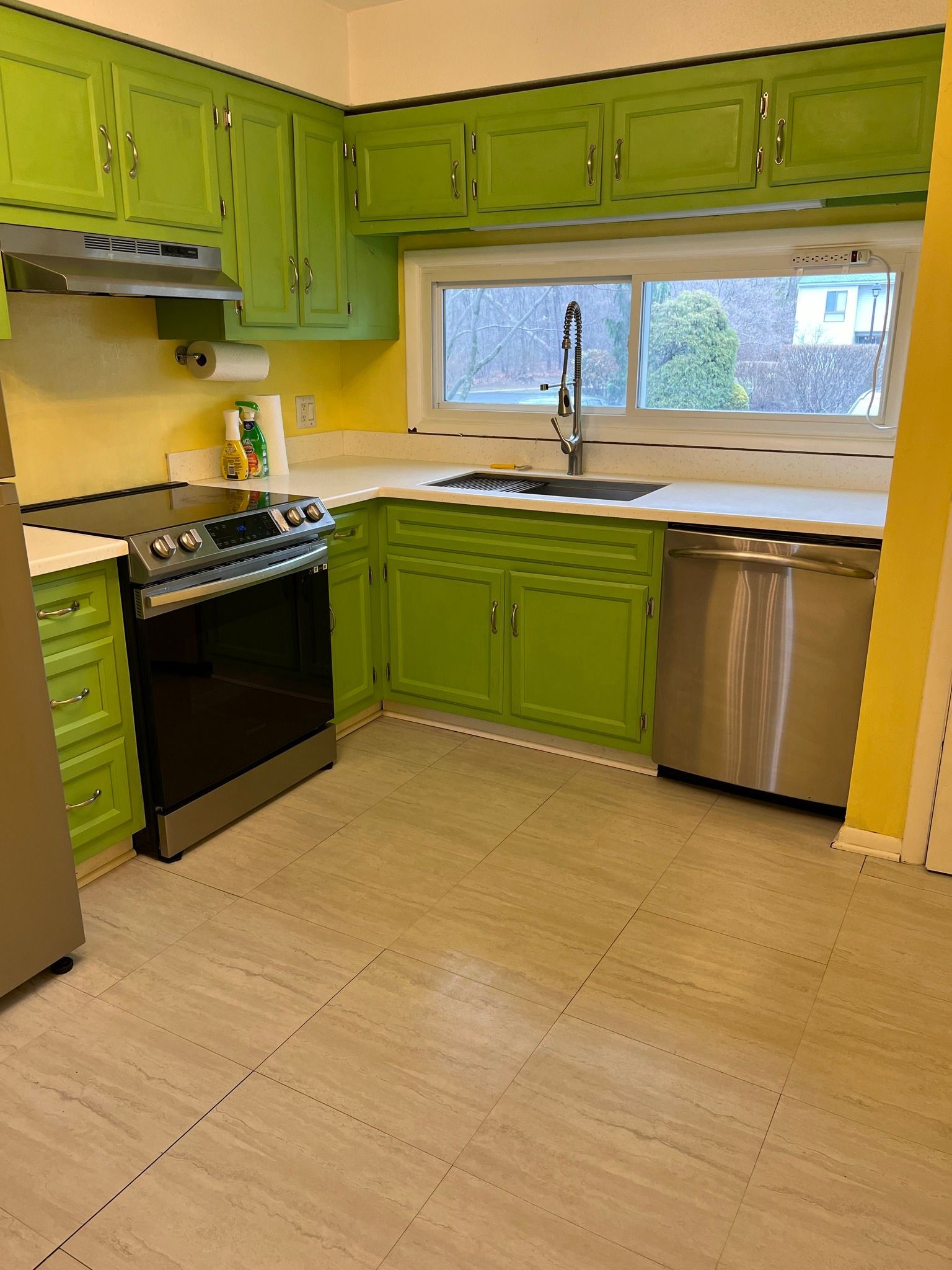 Green kitchen cabinets, appliances, and yellow walls; white countertop, stainless steel sink and dishwasher.