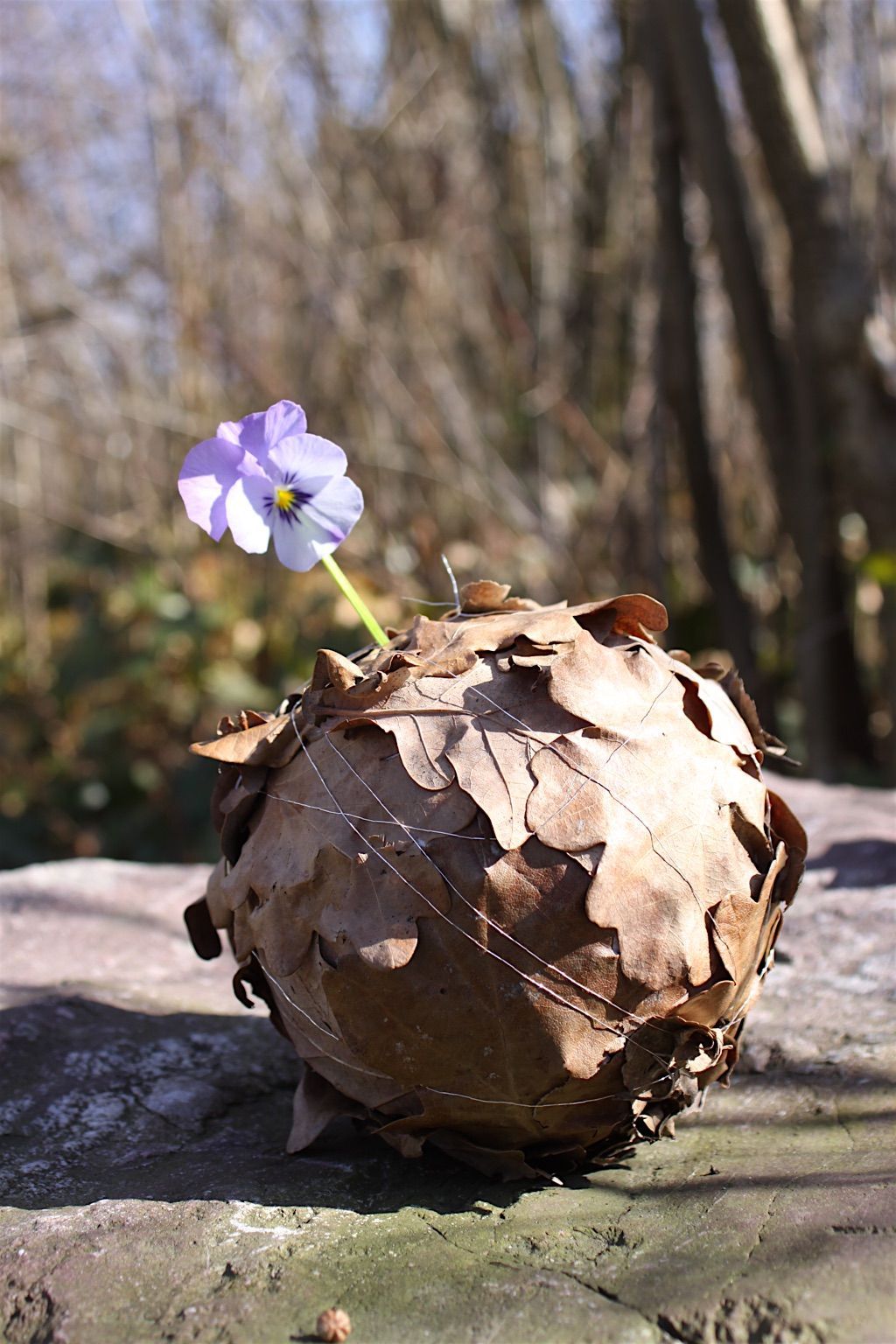 Auf einem Holztisch steht eine Blume in einem Behälter aus Blättern.