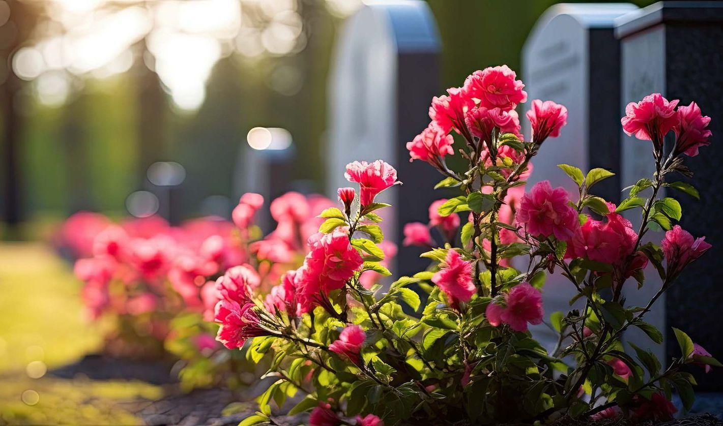 Ein Friedhof mit vielen rosa Blumen und Gräbern.