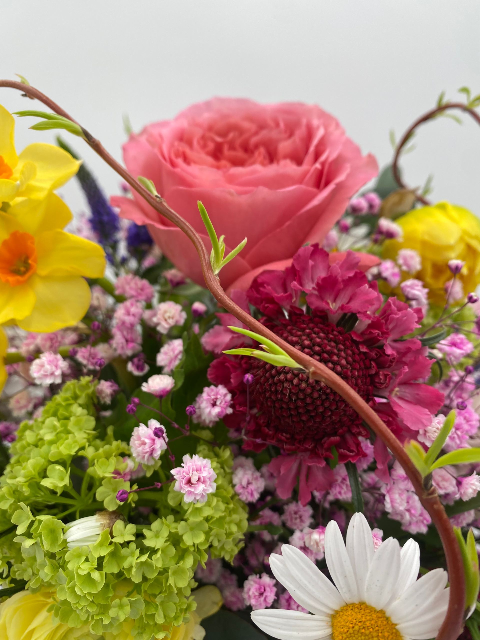 Ein Blumenstrauß in einer Vase auf einem Tisch.