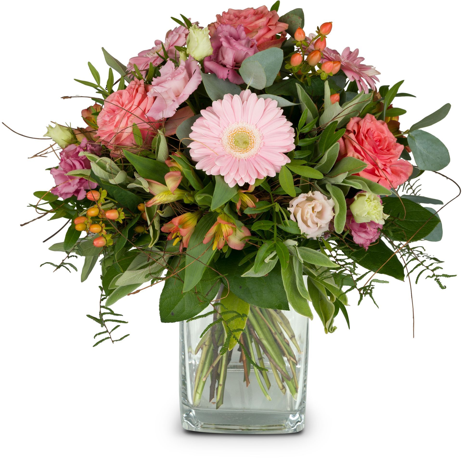 Eine Vase voller rosa Blumen und Grün auf weißem Hintergrund.