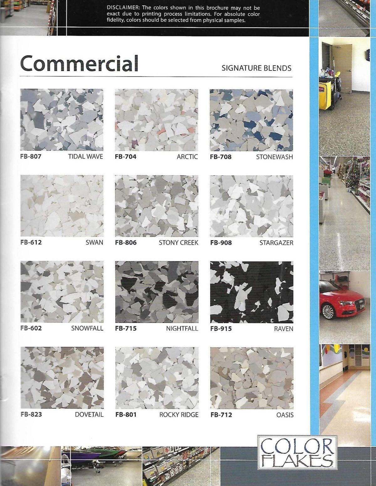 A brochure for commercial color flakes shows a variety of colors and patterns.